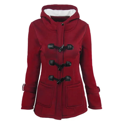 Damen Dufflecoat Jacke mit Kapuze und Knebelverschlüssen, warm gefüttert