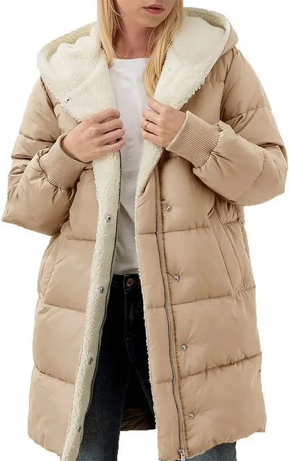 Damen Langer Steppmantel mit Kapuze Gefüttert Winter Jacke
