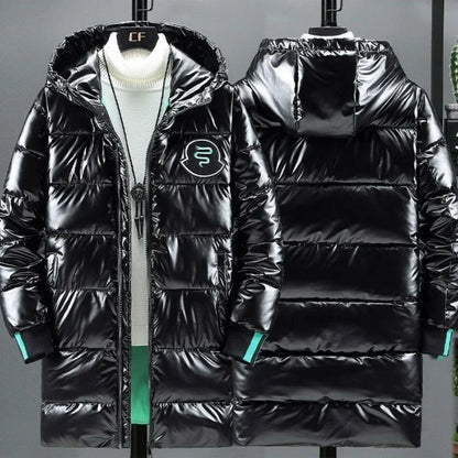 Glänzender Herren Daunenmantel mit Kapuze Schwarz Silber Metallic Winterjacke