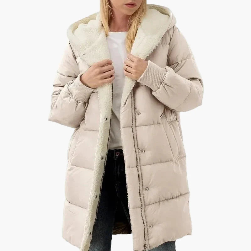 Damen Winter Steppmantel mit Kapuze – Langer, warmer Outdoor Mantel für kalte Tage