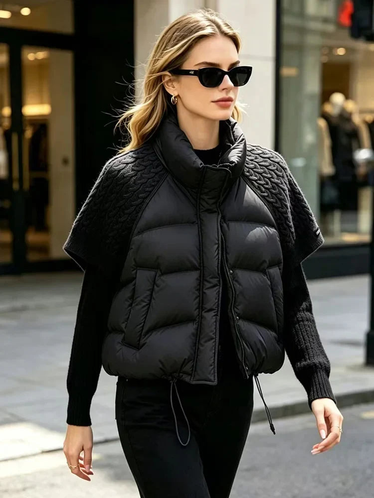 Damen Daunenweste mit Strickärmeln Stehkragen Kurz Jacke