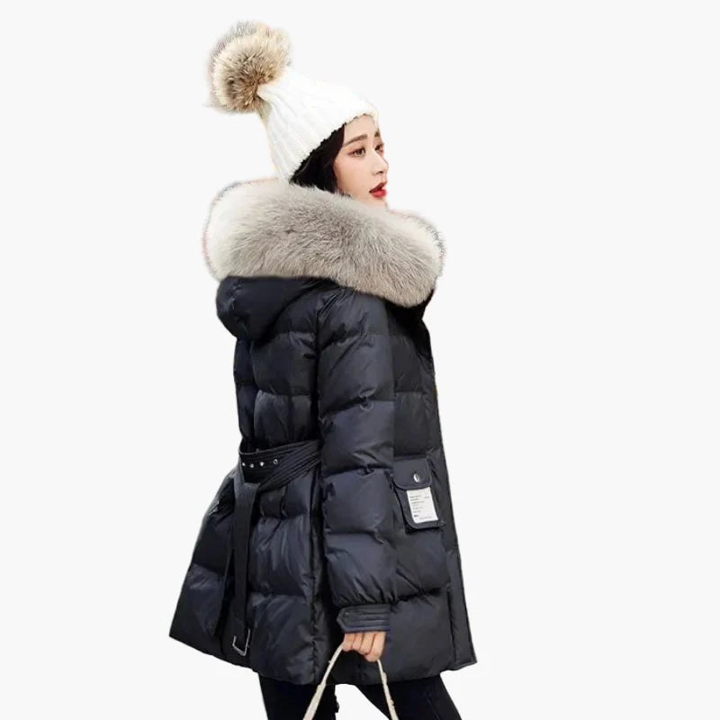 Damen Winter Daunenmantel mit Kapuze und Kunstfellkragen – Eleganter Steppmantel für kalte Tage
