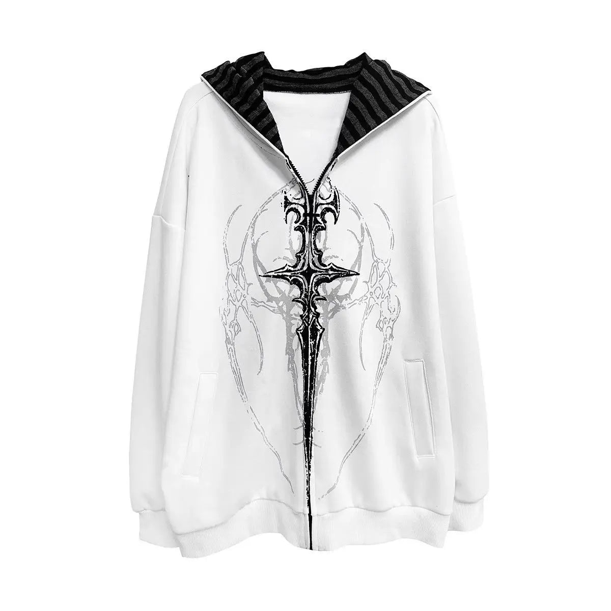 Übergroßer Kapuzenpullover mit Reißverschluss, grafischem Print und gestreiftem Futter, Unisex