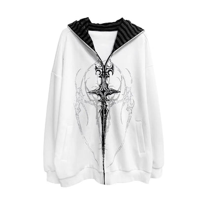 Übergroßer Kapuzenpullover mit Reißverschluss, grafischem Print und gestreiftem Futter, Unisex