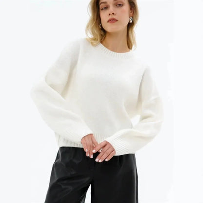 Damen Oversized Pullover Strickpullover Rundhals Langarm Weiß