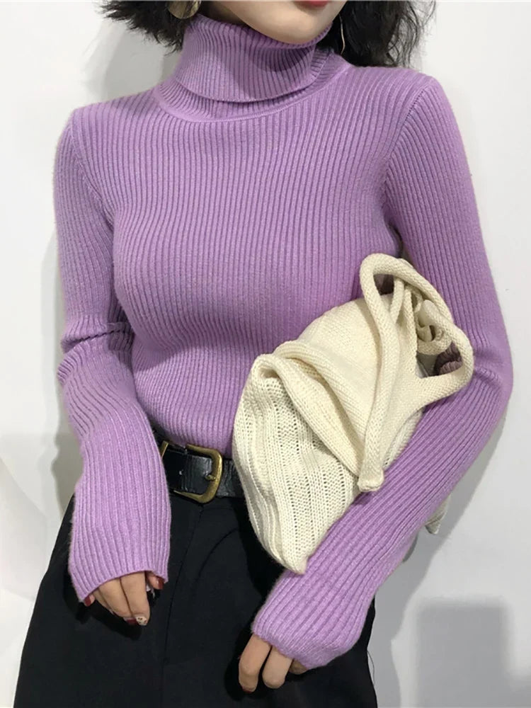 Damen Rollkragenpullover Gerippt Langarm Strickpullover