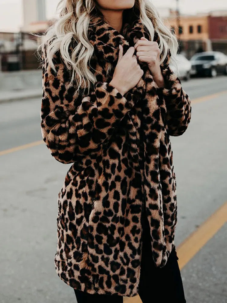 Damen Kurzmantel Leopard Print Plüschmantel