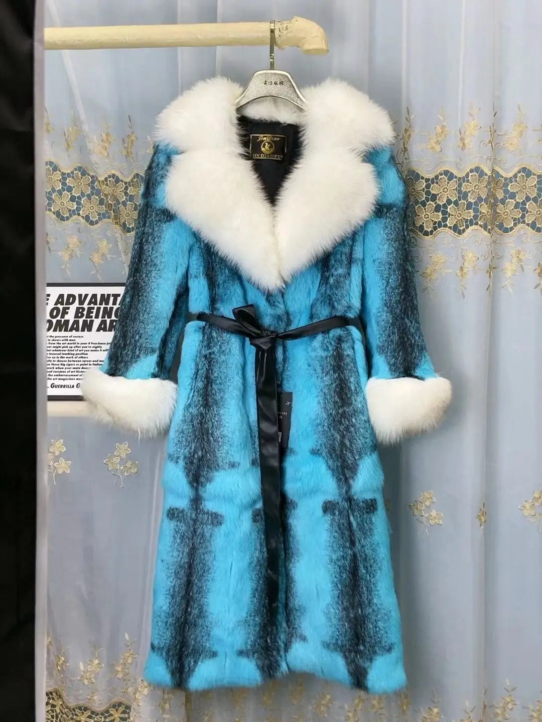 Damen Fell-Look Mantel Türkis mit breitem Kragen und Gürtel