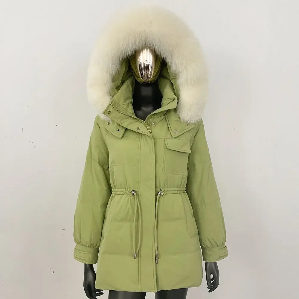 Damen Winter Parka mit Kapuze und Fellkragen Tunnelzug Weiß