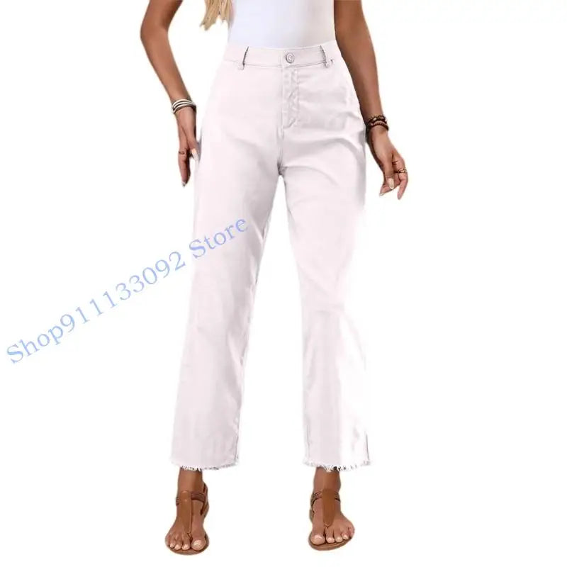 Damen Freizeithose mit hohem Bund und Fransen Saum