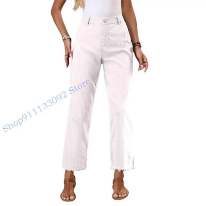 Damen Freizeithose mit hohem Bund und Fransen Saum