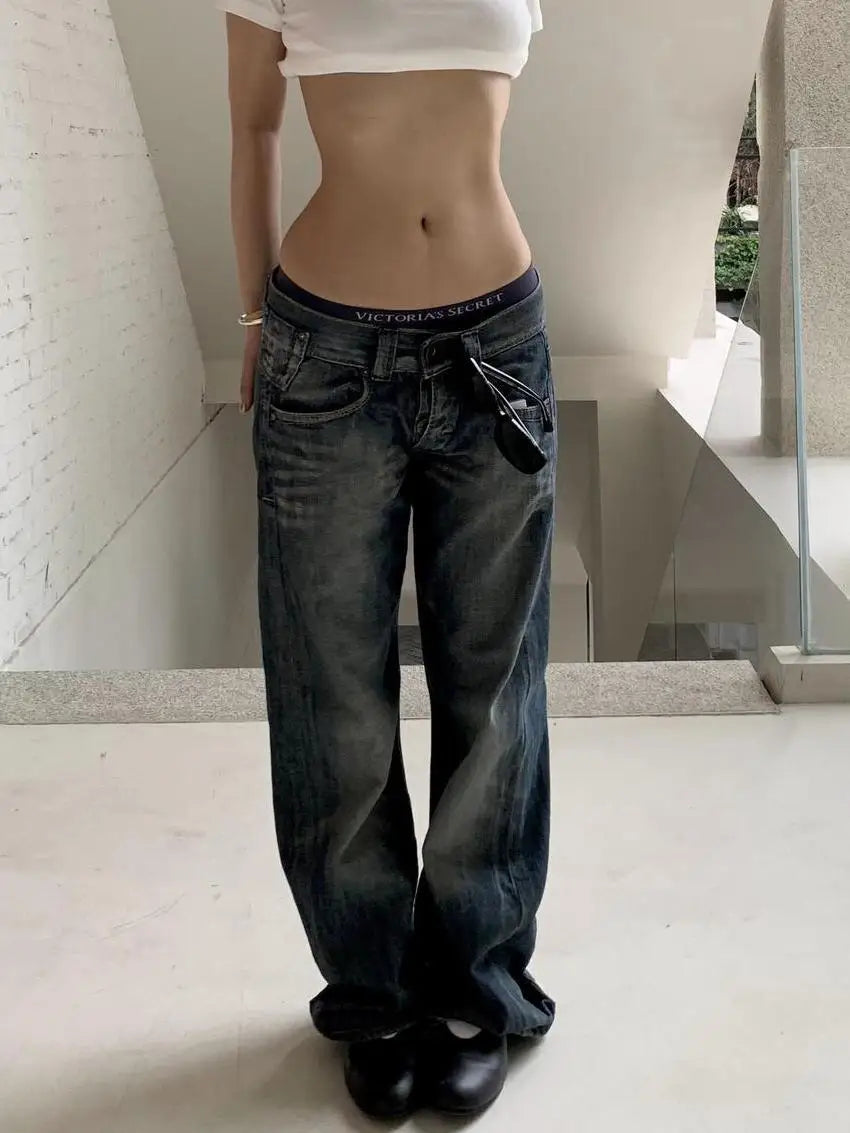 Jeans Damen Straight Leg Weite Passform Dunkelblau