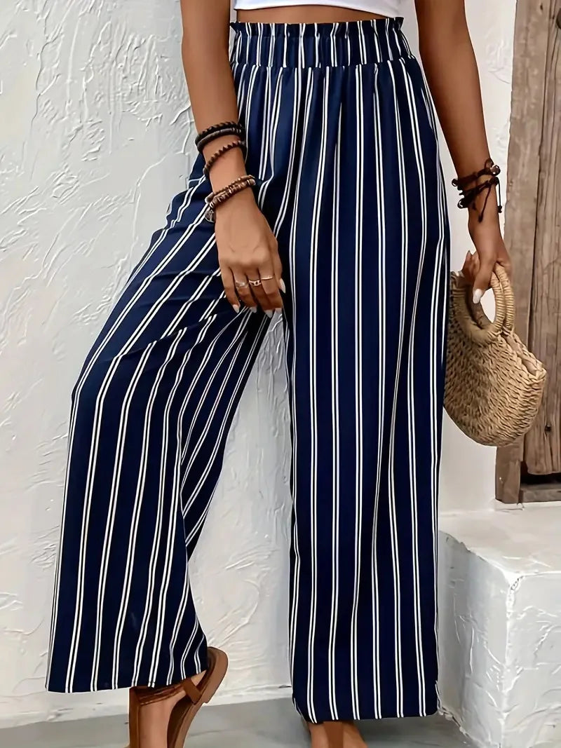 Damen Culotte Hose gestreift mit weitem Bein und Gummizugbund