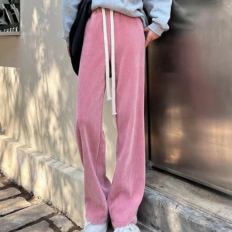 Gerippte Lounge Hose mit Tunnelzug – Weite Bein Freizeithose
