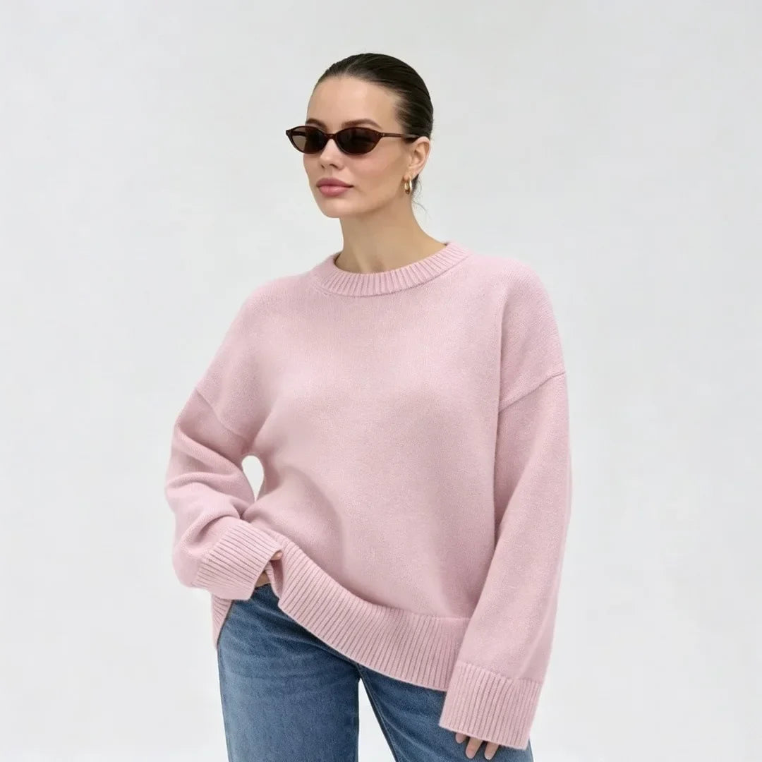 Damen Oversize Pullover Rundhals Rippstrickbündchen Lange Ärmel
