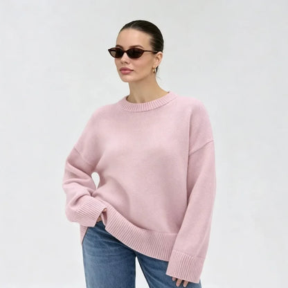 Damen Oversize Pullover Rundhals Rippstrickbündchen Lange Ärmel