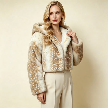 Kurze Damen Kapuzenjacke aus weichem Material mit Punktmuster in Beige