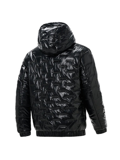 Schwarze glänzende Steppjacke Herren mit Kapuze und Reißverschluss