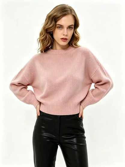 Damen Oversized Pullover Strickpullover Rundhals Langarm Weiß