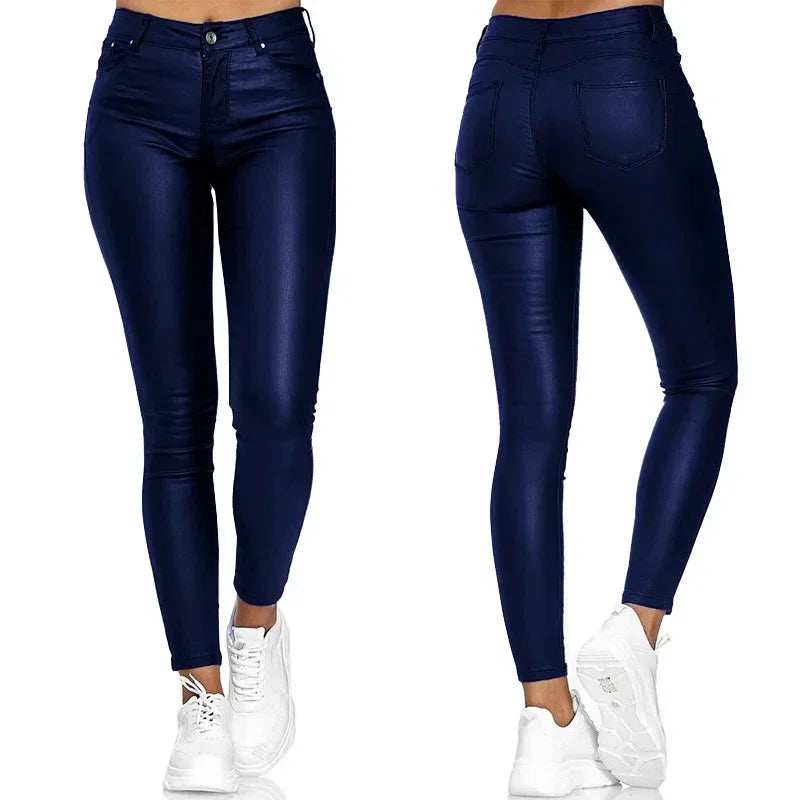 Damen Skinny Hose Glänzende Optik Kunstleder Slim Fit