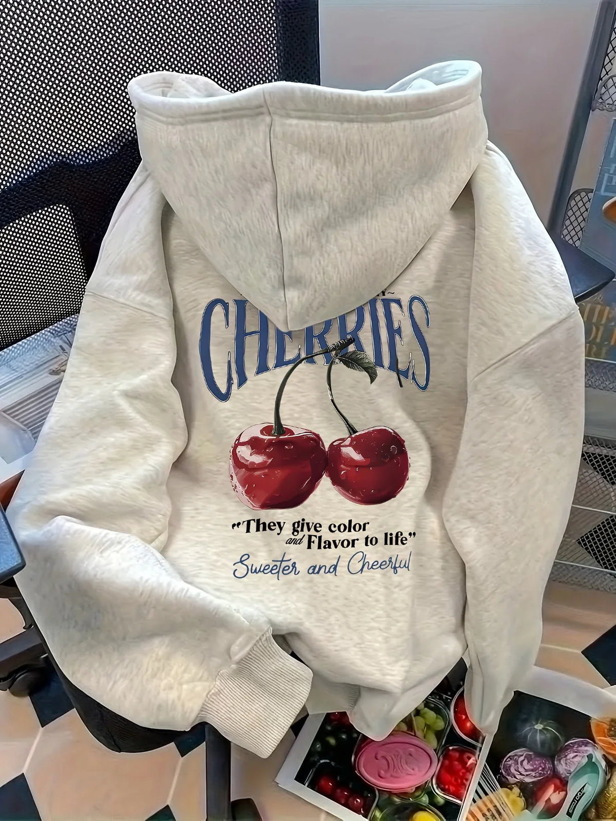 Hoodie mit Kirschen-Print und Kapuze für Damen – Gemütlicher Kapuzenpullover mit elastischen Bündchen
