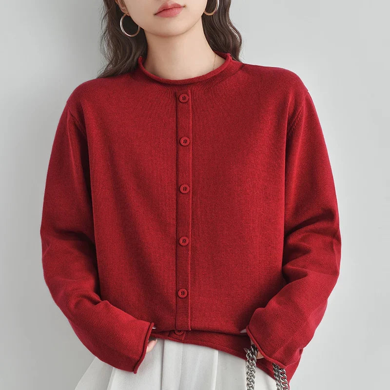 Damen Cardigan Strickjacke Rundhals Langarm Knöpfe Schwarz Braun Grau Rot