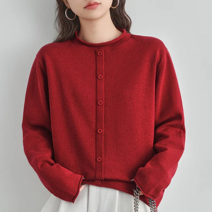 Damen Cardigan Strickjacke Rundhals Langarm Knöpfe Schwarz Braun Grau Rot