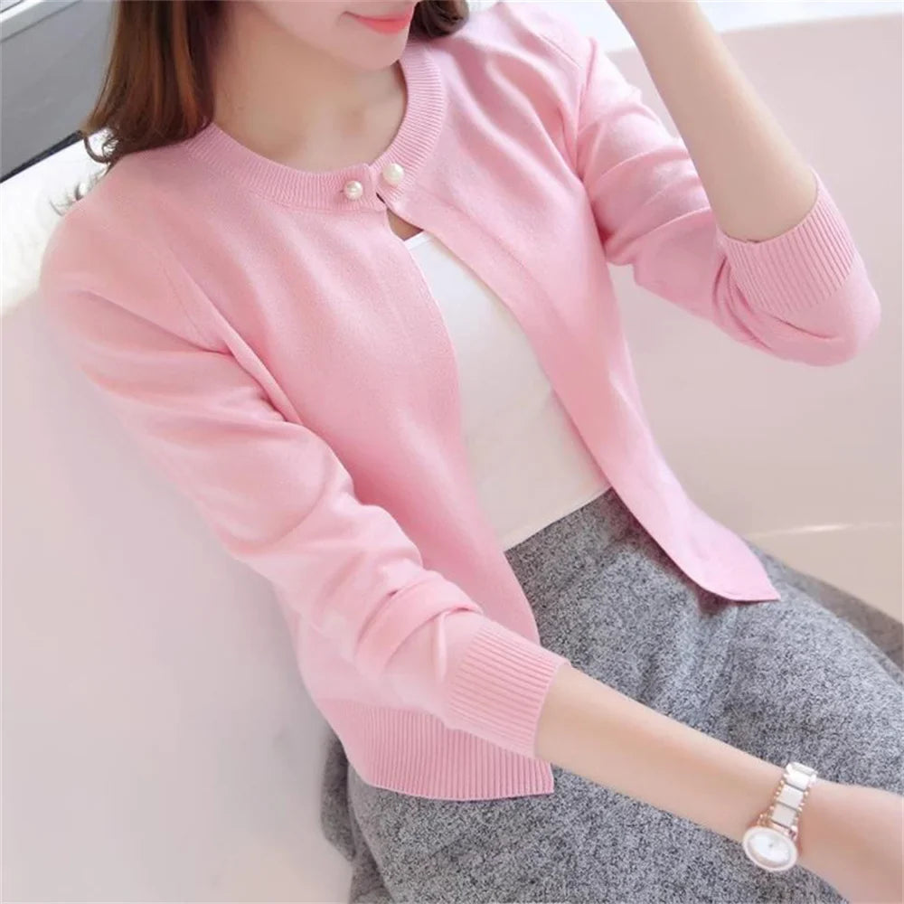 Damen Kurzstrickjacke Bolero Rundhals Langarm Strick-Cardigan