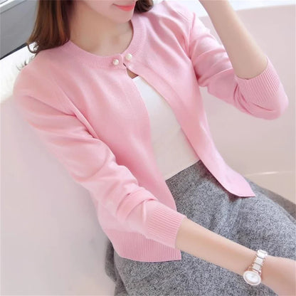 Damen Kurzstrickjacke Bolero Rundhals Langarm Strick-Cardigan