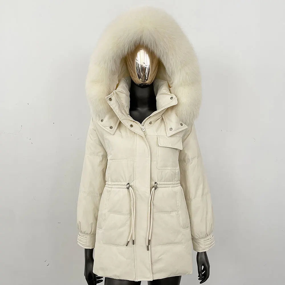 Damen Winter Parka mit Kapuze und Fellkragen Tunnelzug Weiß