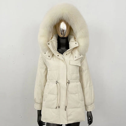Damen Winter Parka mit Kapuze und Fellkragen Tunnelzug Weiß