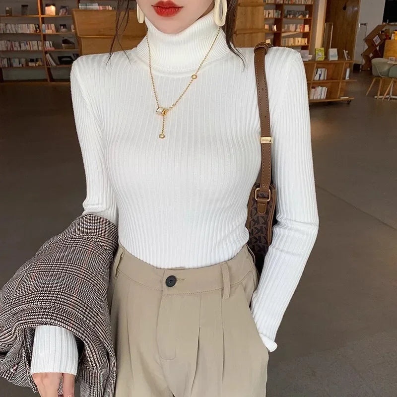 Damen Feinstrick Rollkragenpullover – Eleganter, gerippter Slim Fit Strickpullover für Alltag und Büro