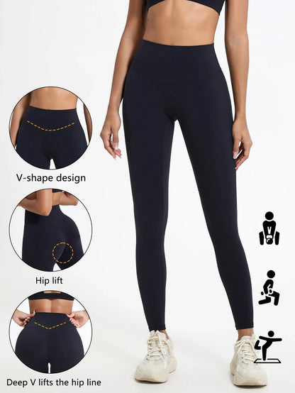Damen Sport Leggings Hochbund V-Design Bauchkontrolle Yoga Fitness Hose