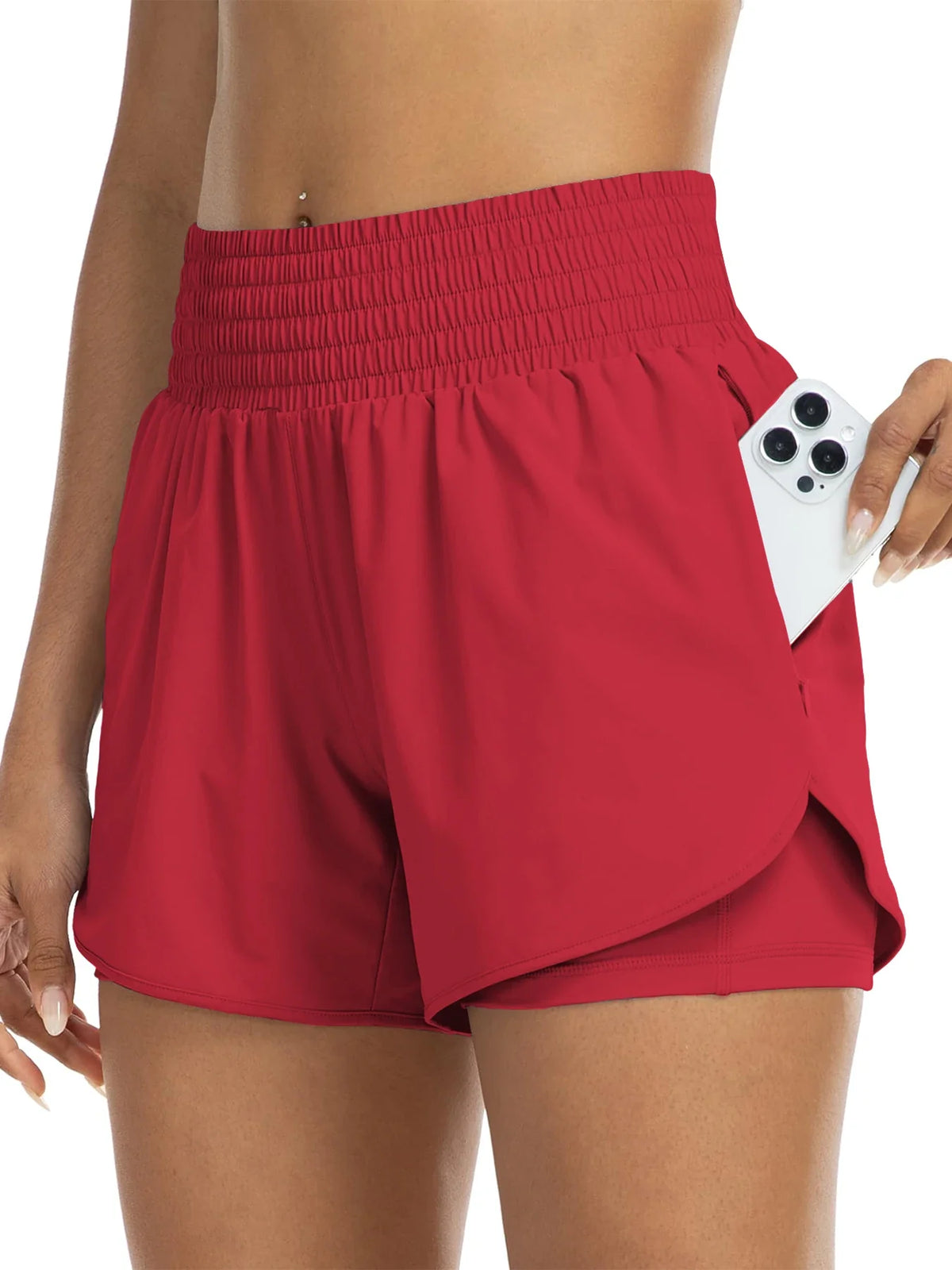 Damen Sportshorts mit hohem Bund und Tasche, 2-in-1-Design
