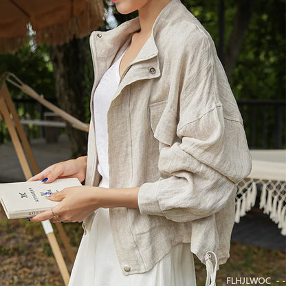 Damen Leichte Jacke Beige mit Stehkragen & aufgesetzten Taschen