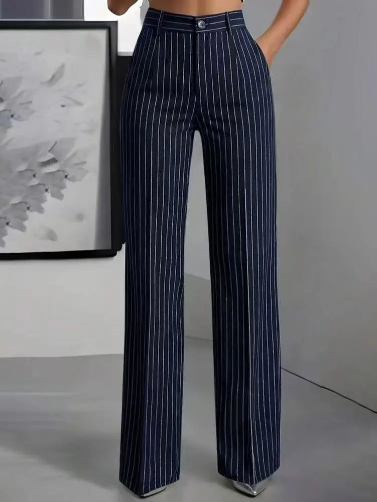 Damen High-Waist Stoffhose mit weitem Bein und Nadelstreifen