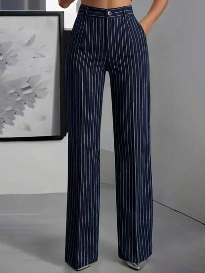 Damen High-Waist Stoffhose mit weitem Bein und Nadelstreifen