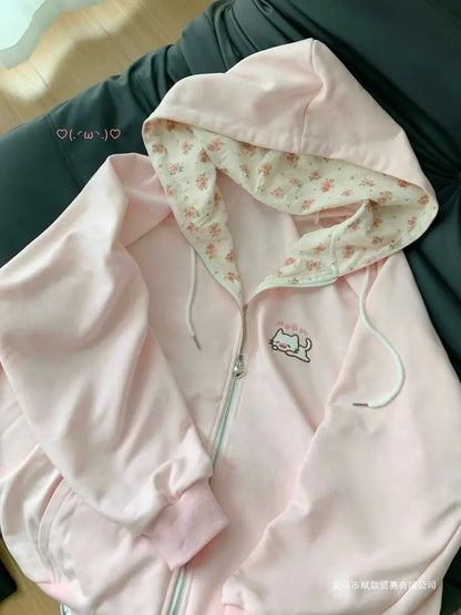 Damen Kapuzenjacke Reißverschluss Stickerei Rosa Grün