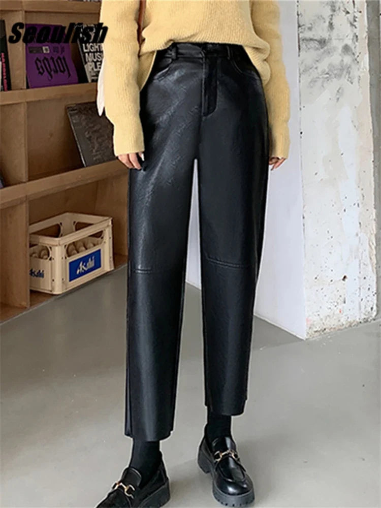 Damen Hose im Leder-Look, weites Bein, Schwarz oder Burgunderrot