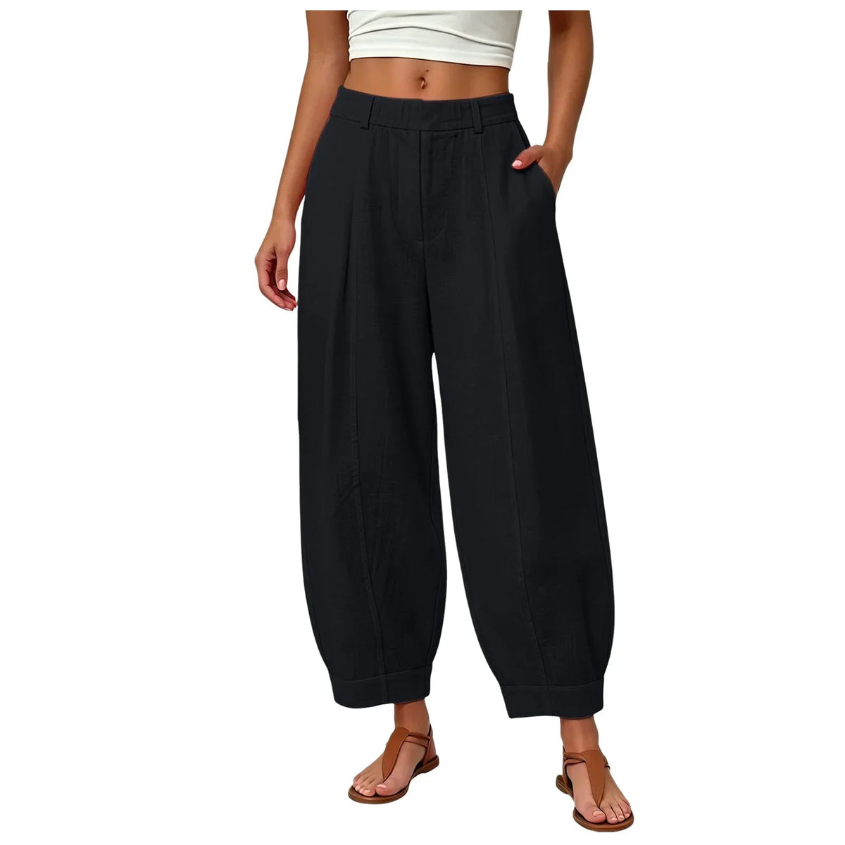 Damen Pumphose Weites Bein High-Waist Freizeithose mit Taschen