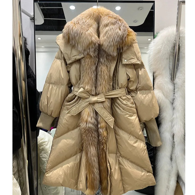 Damen Daunenmantel lang mit Kunstpelzkragen und Gürtel Steppjacke