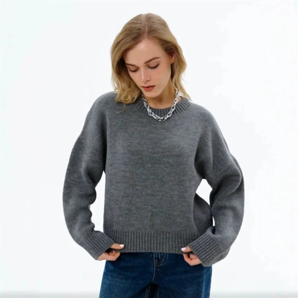 Damen Oversized Pullover Strickpullover Rundhals Langarm Weiß