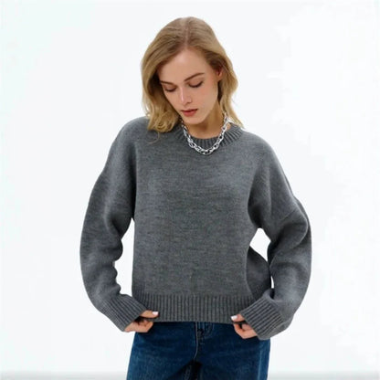 Damen Oversized Pullover Strickpullover Rundhals Langarm Weiß