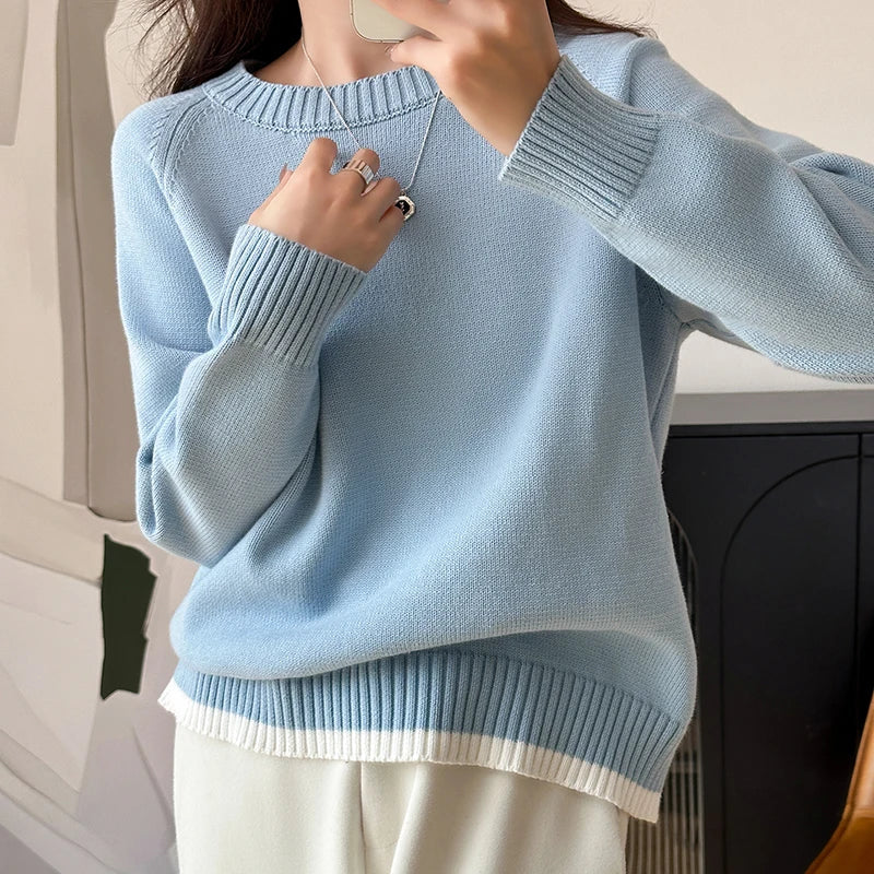 Damen Pullover Rundhalsausschnitt Langarm Strickpullover Rippbündchen