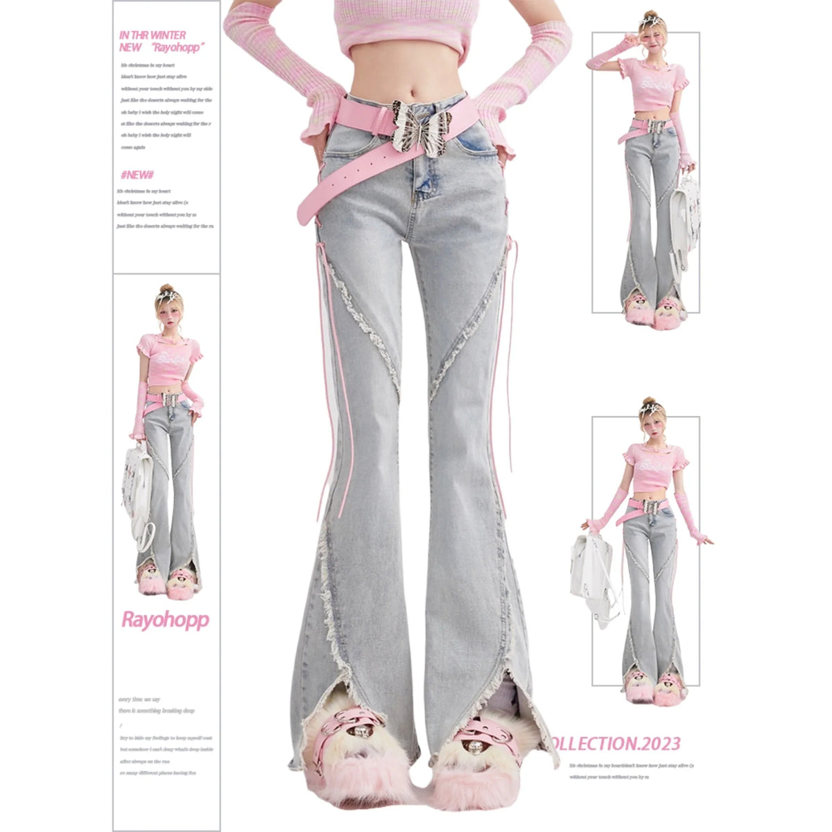 Damen Schlaghose Jeans hellblau mit Schnürdetails und weitem Bein