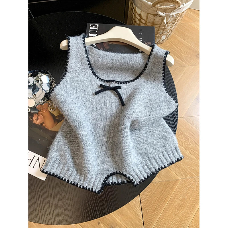 Gestricktes Crop Top Damen Ärmellos mit Schleife und Wellenkante