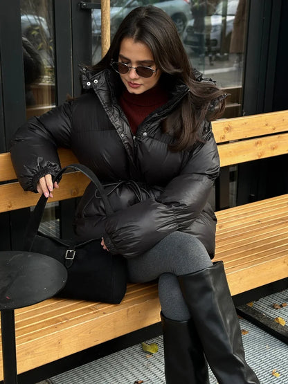 Damen Pufferjacke Stehkragen Gürtel Winterjacke