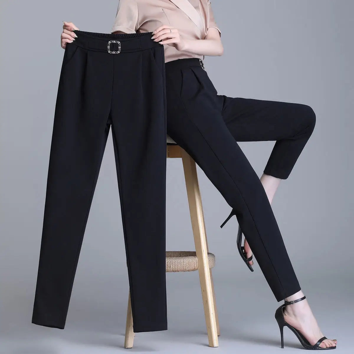 Damen Stoffhose Weiß mit Zierschnalle Hochwasser Slim Fit