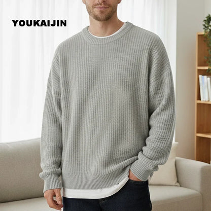 Herren Strickpullover Rundhals Weit Geschnitten Gerippte Bündchen