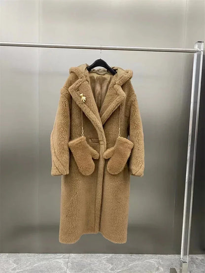 Damen Teddyfell Mantel lang mit Kapuze und Handschuhen